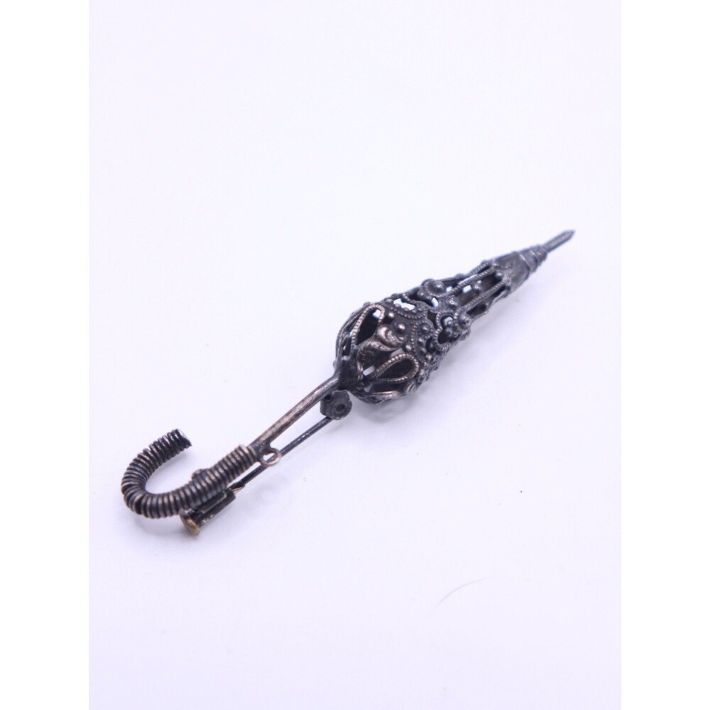 Antique Vintage Norwegian Filigree Umbrella Parasol Pin Brooch Trombone Clasp